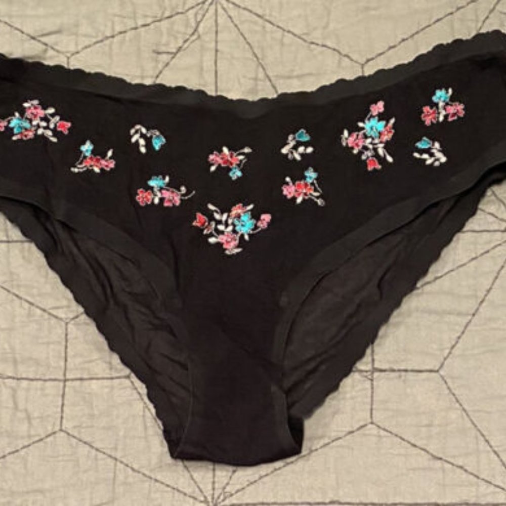 Vtg NWT Victoria Secret L Sheer Black Floral Angels Embrace Low Rise Hiphugger